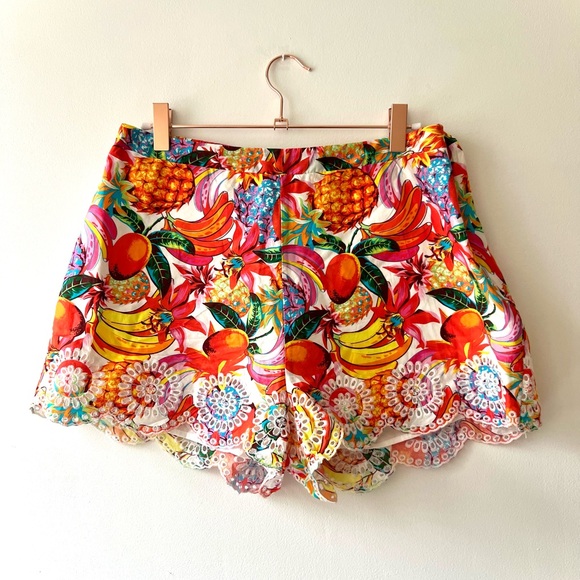 Aqua Pants - Aqua Tropical Floral and Fruit Print Cotton Shorts